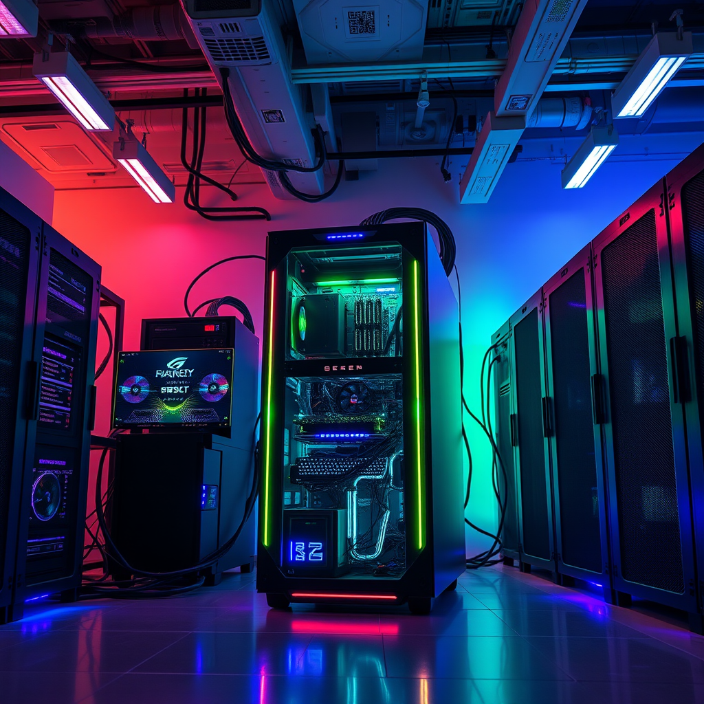 Modern gaming server setup with RGB lighting and high-performance hardware in a professional data center environment
