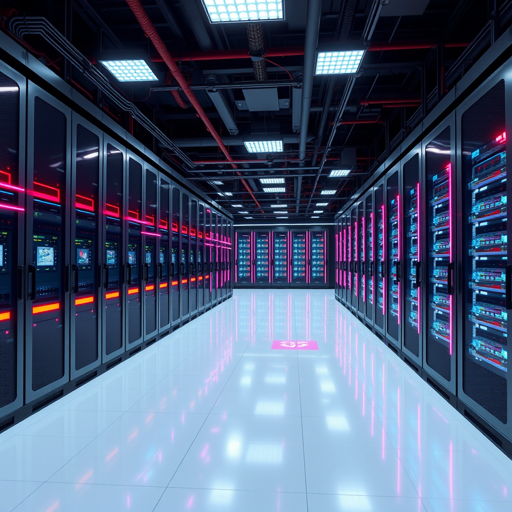 Modern data center facility with rows of gaming servers and networking equipment, featuring red and pink LED lighting accents in a high-tech environment representing Soho&Qee's Southeast Asian expansion