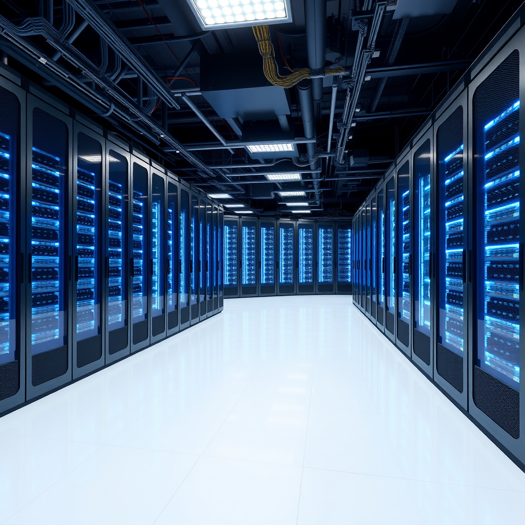 Modern Singapore data center facility showing rows of server racks with blue LED lighting, clean white floors, and professional cable management systems