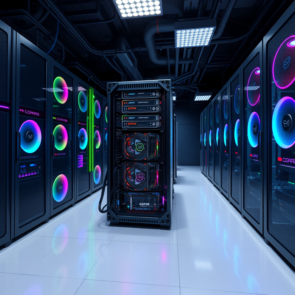 Modern gaming server hardware setup with latest processors and graphics cards in a professional data center environment, featuring RGB lighting and advanced cooling systems