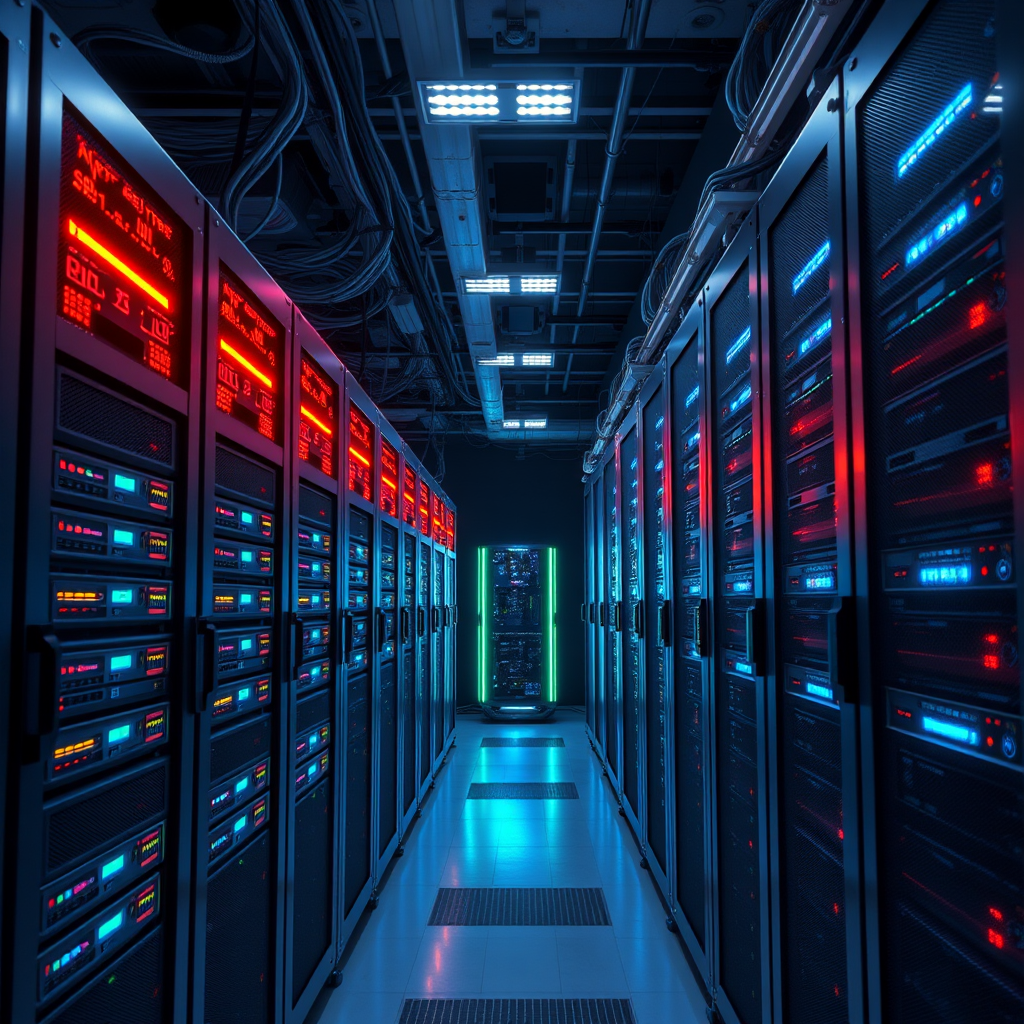 Modern game server hosting infrastructure with multiple server racks, LED indicators, and network cables in a professional data center environment