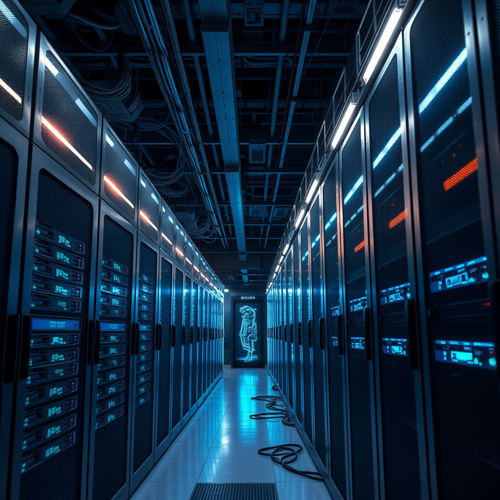 Modern game server infrastructure with multiple high-performance servers in a data center, featuring LED lighting and network cables