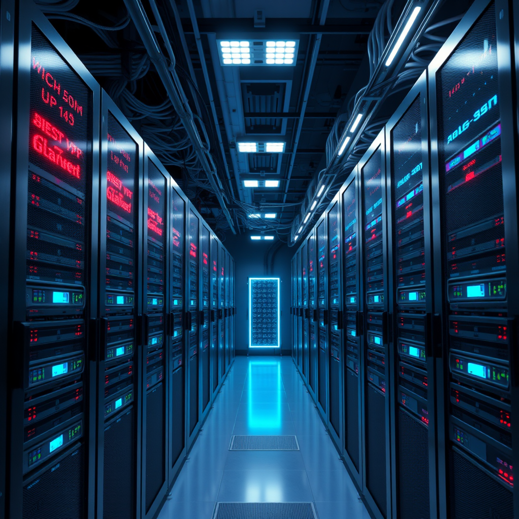 Modern VPS cloud infrastructure with multiple servers in a data center, featuring sleek server racks with LED indicators and network cables