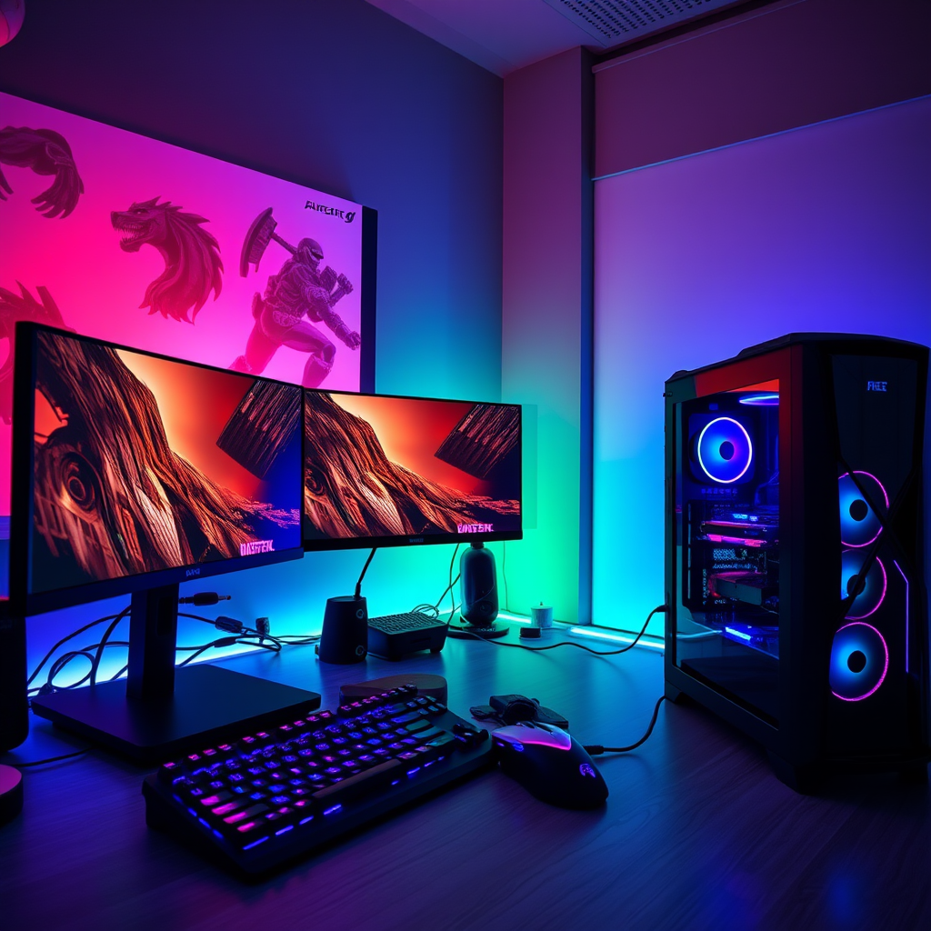 Professional gaming setup with RGB lighting, multiple monitors, mechanical keyboard, gaming mouse, and high-performance PC tower in a modern gaming environment