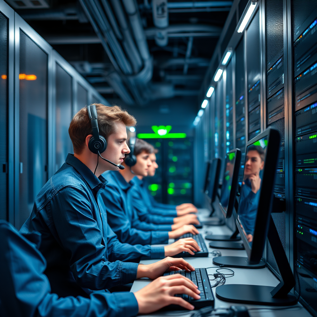 Professional technical support team working on servers and gaming infrastructure in a modern data center