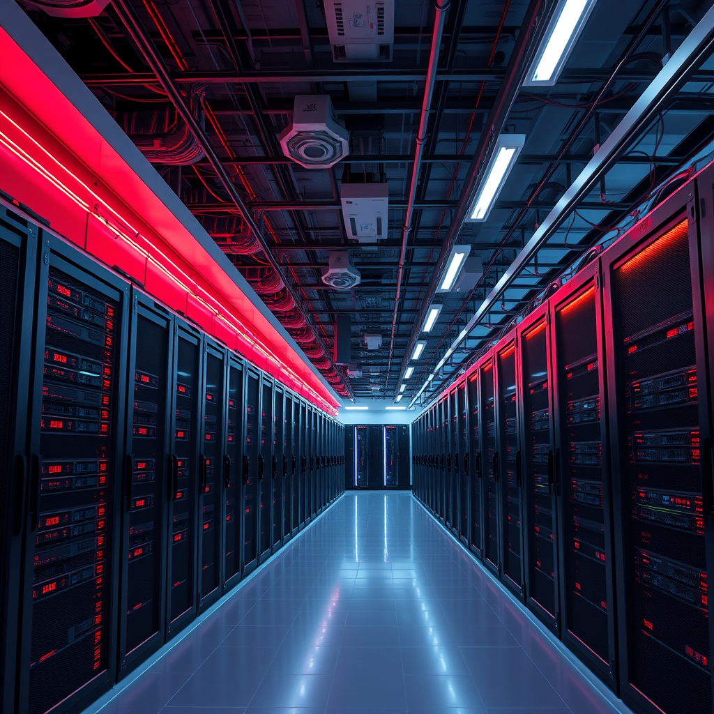 Modern data center with rows of gaming servers and network equipment in Southeast Asia, featuring red LED lighting and high-tech infrastructure