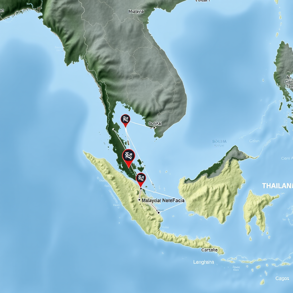 Southeast Asia map highlighting Malaysia and Thailand with network connection lines and gaming server icons, showing Soho&Qee's strategic expansion locations