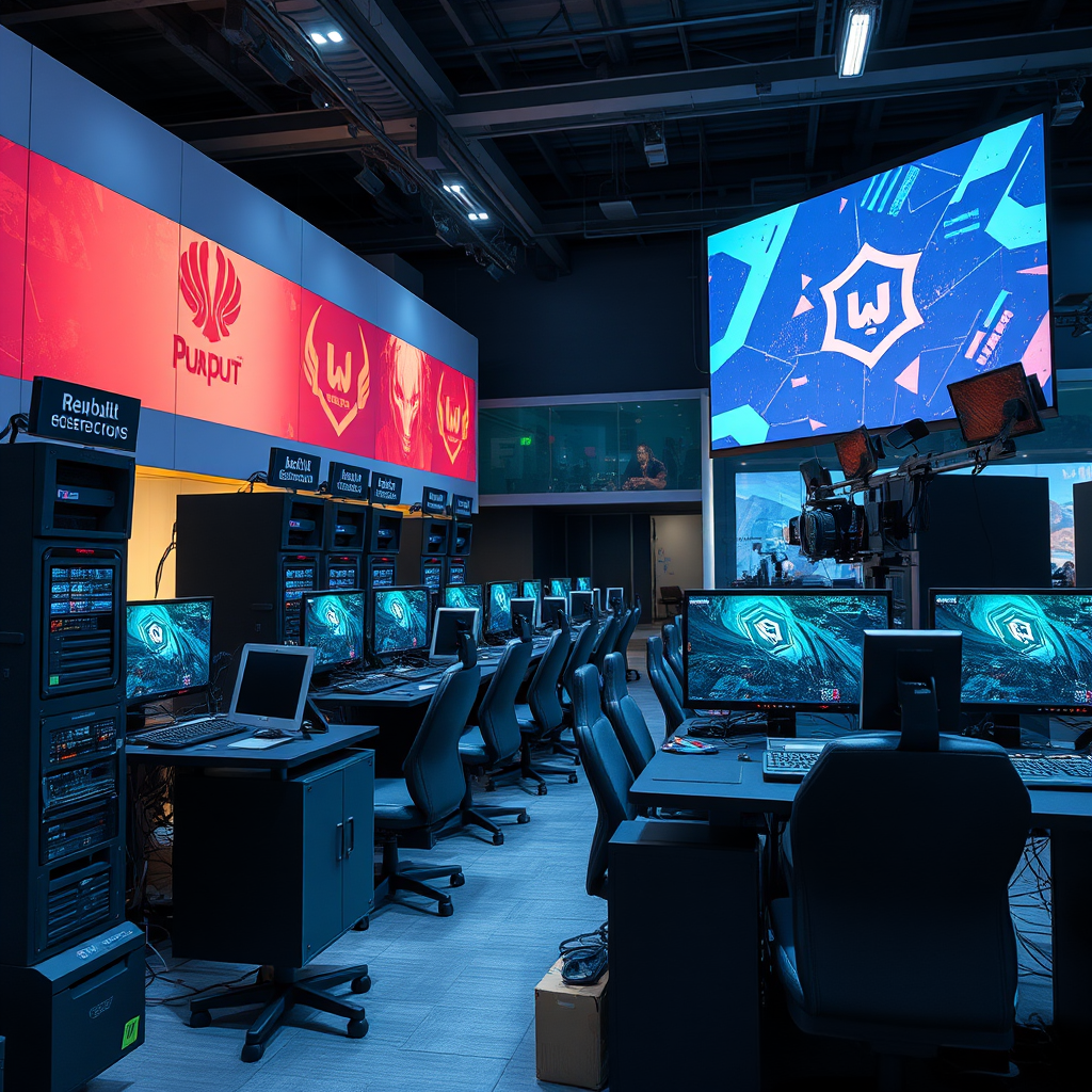 Professional esports tournament setup with multiple gaming stations featuring high-performance servers and streaming equipment in a modern venue