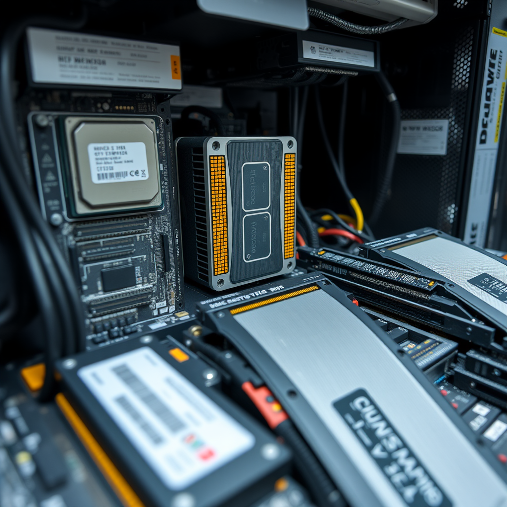 Detailed view of high-performance server hardware components including processors, memory modules, and NVMe storage drives in a professional data center environment