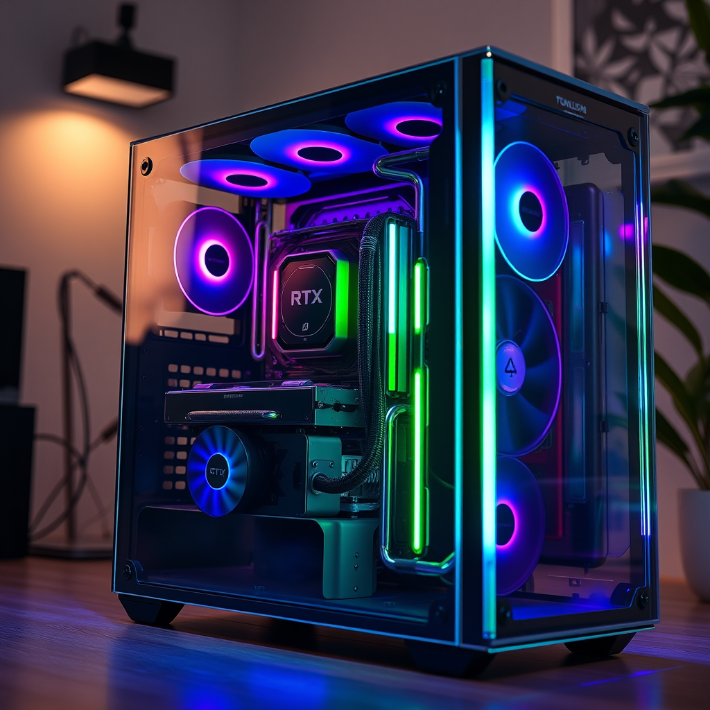 High-end gaming PC with RTX 4090 graphics card, RGB lighting, tempered glass case, and custom cooling system