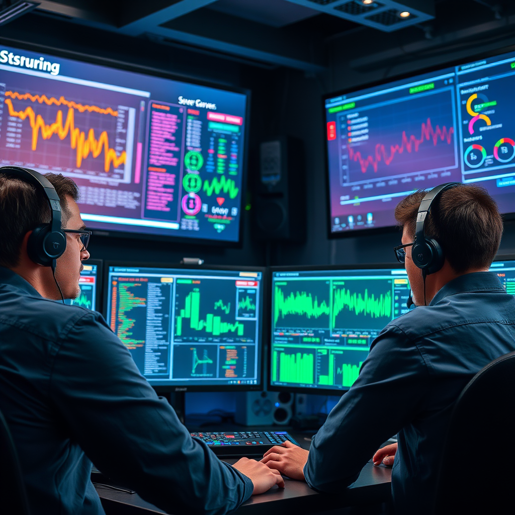 Skilled technical support engineers monitoring servers and gaming infrastructure with multiple screens showing system metrics and performance data