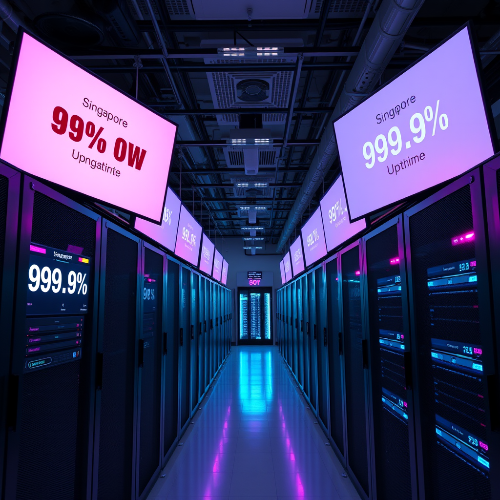 Singapore data center facility with monitoring screens showing 99.9% uptime statistics, featuring pink accent lighting and professional hosting environment