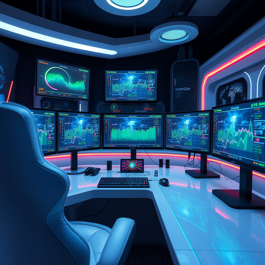 Futuristic gaming setup with multiple monitors displaying network performance metrics and server status, representing the enhanced gaming experience enabled by Soho&Qee's infrastructure expansion