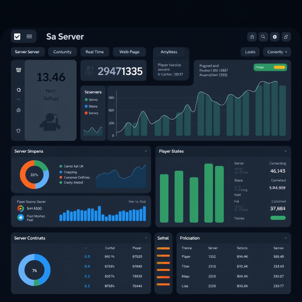 Modern server management dashboard interface showing real-time performance metrics, player statistics, and server controls for game hosting administration