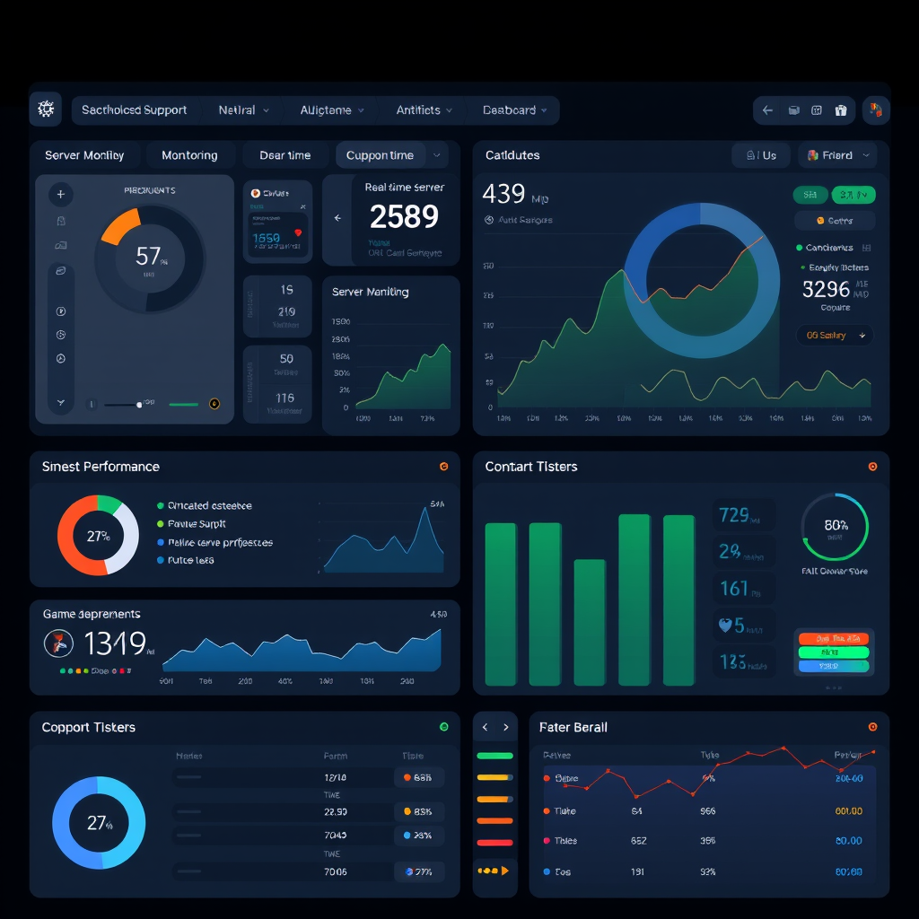 Modern technical support dashboard showing real-time server monitoring, gaming performance metrics, and support ticket management interface