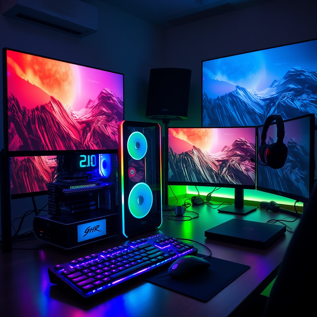 High-end gaming setup with RGB gaming PC, mechanical keyboard, gaming mouse, multiple monitors, and gaming headset in a professional gaming environment