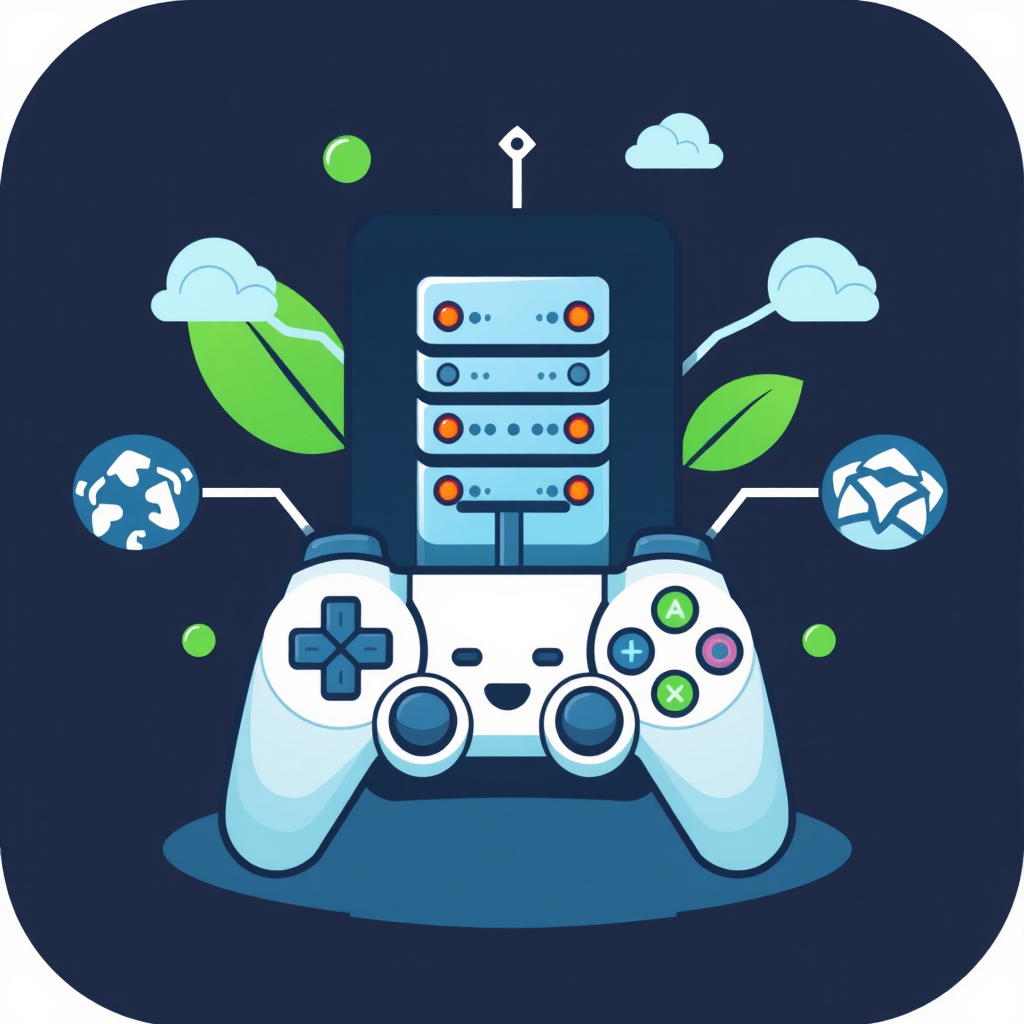 Gaming server icon with gaming controller and server symbols