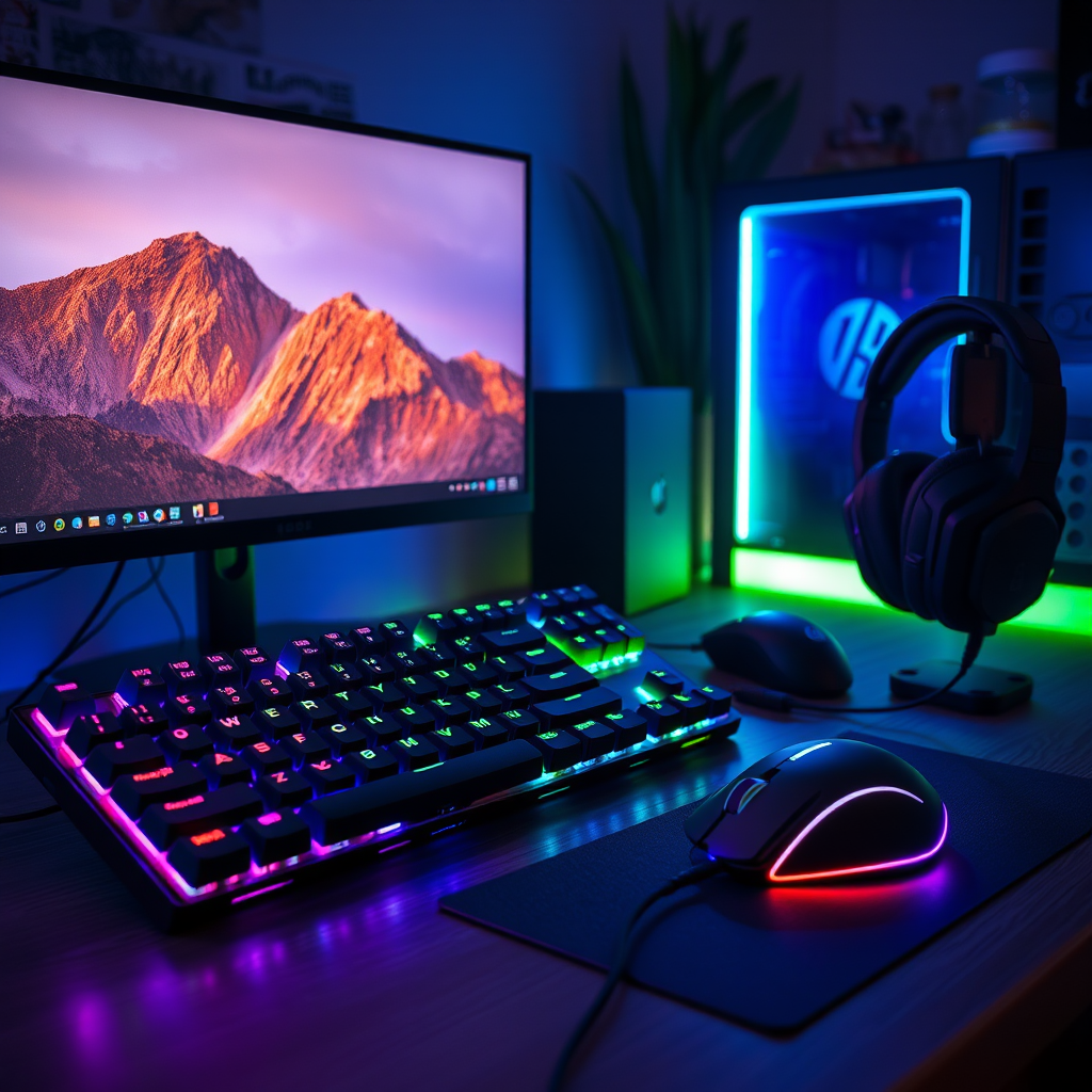 Professional gaming setup with mechanical RGB keyboard, high-DPI gaming mouse, 240Hz monitor, and premium gaming headset