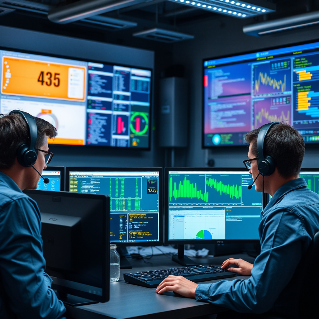 Technical support team working with multiple monitors, server monitoring dashboards, network diagnostics tools, and 24/7 support center environment