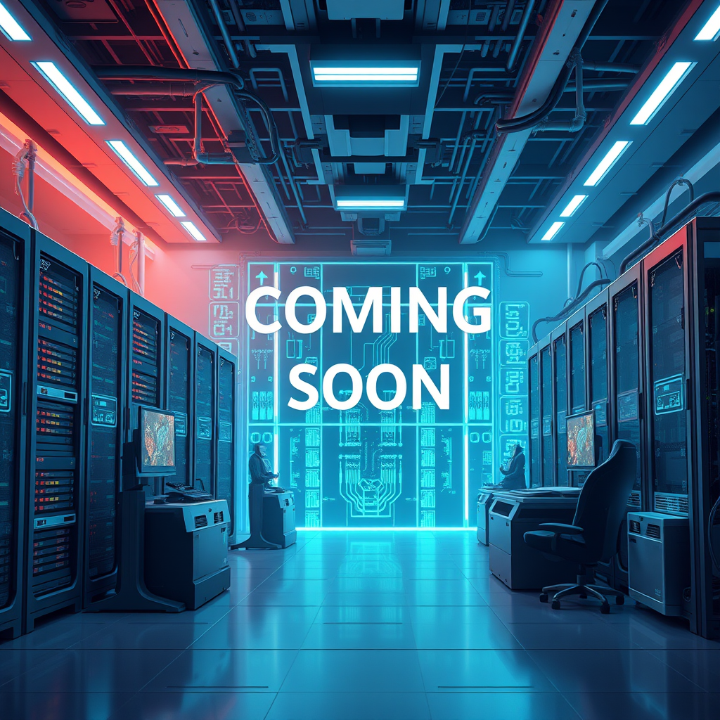 Coming soon placeholder with modern technology elements, server infrastructure, and gaming equipment in a futuristic design