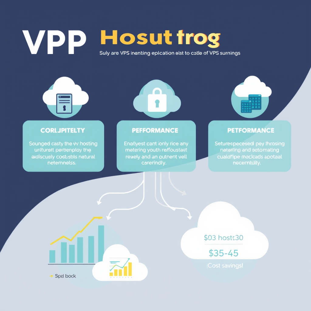 Infographic showing VPS hosting benefits including scalability, security, performance metrics, and cost savings